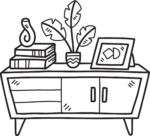 Illustration of shelves and picture frames assembled seamlessly, reflecting our efficient furniture assembly services.