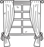  Illustration of a window with perfectly installed curtains, showcasing our professional curtain installation services.