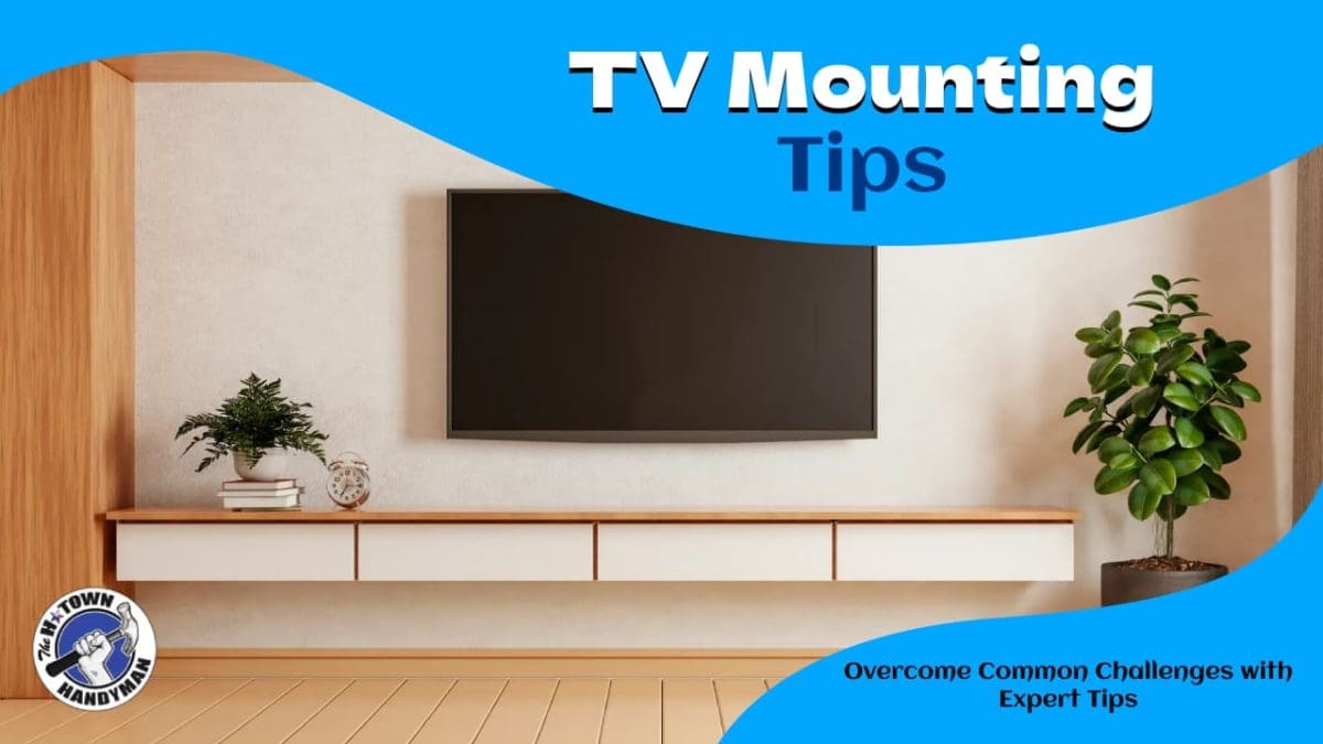 Wall-mounted flat-screen TV above a floating media console in a modern living room, featured in The H-Town Handyman's TV mounting tips guide.